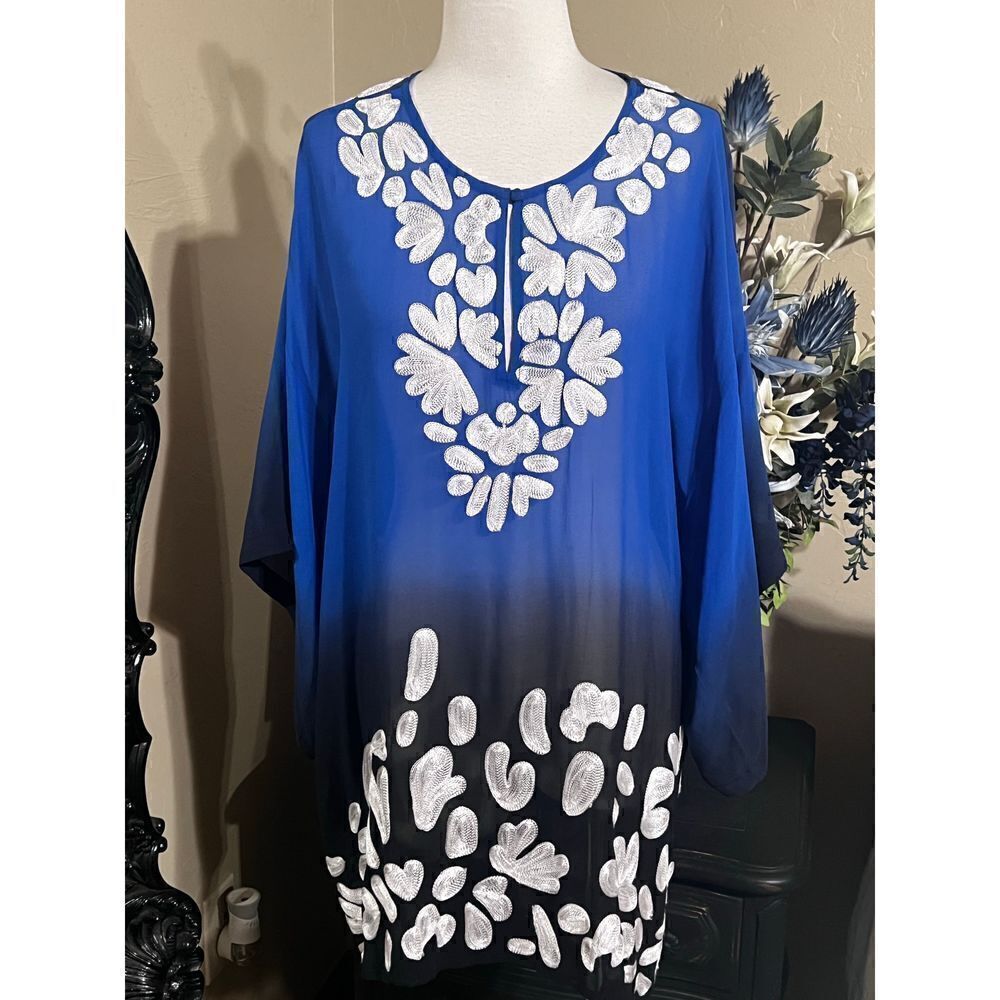 KAS New York Blue & White Silk Dress, Cover Up, Tunic Size Large